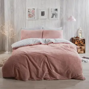 Brentfords Reversible Teddy Duvet Cover with Pillowcase, Blush Grey - Superking