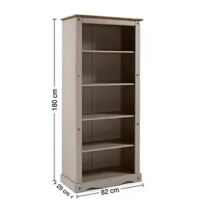 Mercers Furniture Corona Grey Wax Large Bookcase 5 Shelf Open Display Solid Pine with Mexican Styling