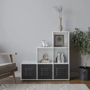 URBNLIVING 90cm Height White 6 Cube Step Shelving Unit With Black Metal Doors