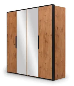 Loft Mirrored Folding Door Wardrobe - Symmetrical Storage Oak Lancelot & Black - H2040mm W2040mm D600mm