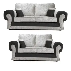 Chelsea Black and Silver Crushed Velvet Large 3 + 2 Seater Sofa Set Rolled Arms