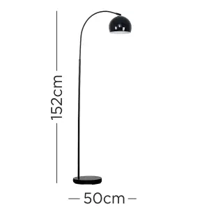 ValueLights Designer Style Black Curved Stem Floor Lamp With Gloss Black Metal Dome Light Shade