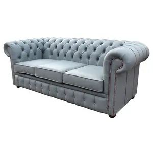 Chesterfield 3 Seater Sofa Vele Iron Grey Real Leather In Classic Style