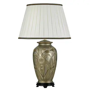 Table Lamp Ivory with Black and Gold trim Shade Silver LED E27 60w Bulb