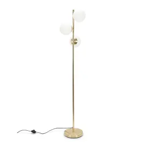 ValueLights Jas 3 Light Gold Metal Stem Floor Lamp with White Frosted Glass Shades - Bulbs Included