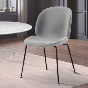 Luxurious Light Grey Velvet Dining Chair with Black Metal Legs