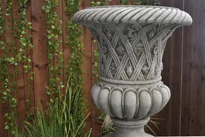 Large Stone Cast Garden Vase and Plinth with Flower Design