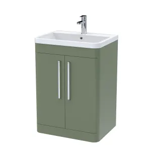 Floor Standing 2 Door Vanity Unit with Polymarble Basin - 600mm - Satin Green