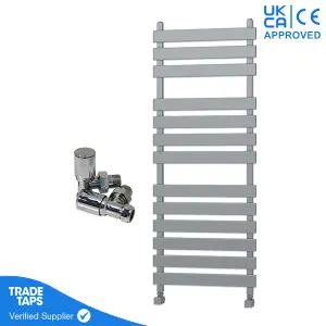 Designer Marvella Chrome Flat Panel Towel Radiator Heated Ladder Rail - 1300 x 500mm - Angled Manual Round Valve Pair