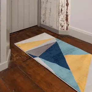 Blue Ochre Bold Geometric Area Runner Rug 60x240cm