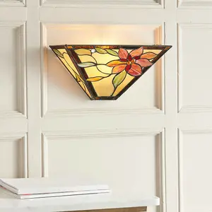 Tiffany Glass Wall Light Cream & Bold Red Flower Shade Interior Sconce i00251