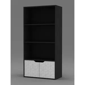 URBNLIVING 4 Tier Black Wooden Bookcase Cupboard With White Geo Doors Storage Shelving Display Cabinet