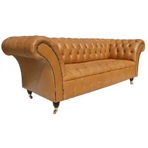 Chesterfield 3 Seater Old English Buckskin Leather Buttoned Seat Sofa In Balmoral Style