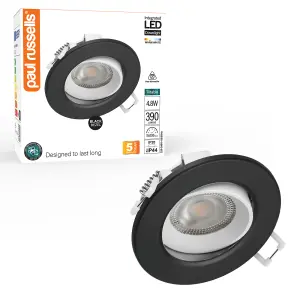 paul russells LED Downlight Black Non-Dimmable Tilt Recessed Ceiling SpotLight 4.8W 390 Lumens, IP44, Warm White 3000K Pack of 1