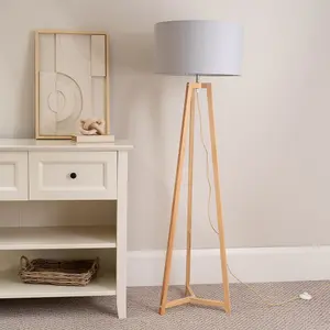 ValueLights Lottie Natural Wood Tripod Floor Lamp with Grey Drum Shade