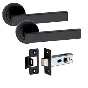 6 Set Delta Design Door Handle On Round Rose Latch Door Handles with 2.5" Tubular Latch Matt Black Finish - GG