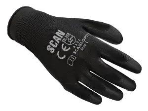 Scan 2AYH22L-24 Black PU Coated Gloves - Large Size 9 12 Pairs SCAGLOPU12