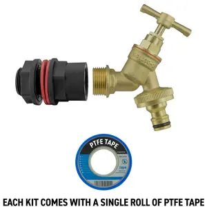 water butt/water storage tank outlet adaptor +brass bib tap +ptfe tape(requires a 21mm hole)