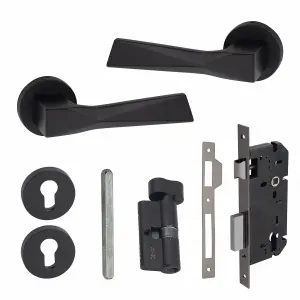 1 Pair Modern Aura Euro Lock Door Handles, 70mm Key & Thumbturn Barrell Matt Black Finish - Golden Grace