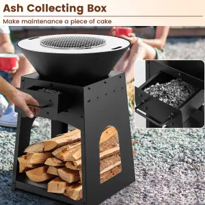 Costway 2 In 1 Fire Pit with BBQ Grill 60cm Metal Firewood Stove w/ Fire Poker