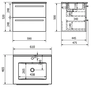 Bathroom 2-Drawer Wall Hung Vanity Unit with Ceramic Basin 600mm Wide - Silver Oak  - Brassware Not Included