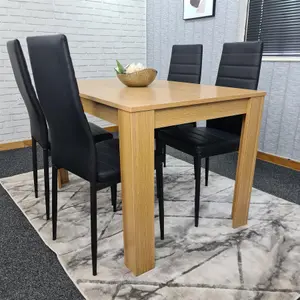 Dining Table and 4 Chairs Oak Effect Wood 4 Black Leather Chairs Dining Room