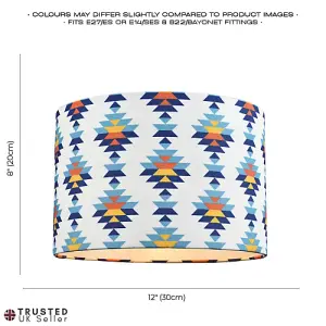 Colourful Boho Geometric 12 Inch Drum Lamp Shade in White with Blues and Oranges