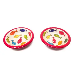 Signature Coloured Fish Hand Painted Ceramic Set of 4 Tapas Bowls Red Rim (Diam) 12cm