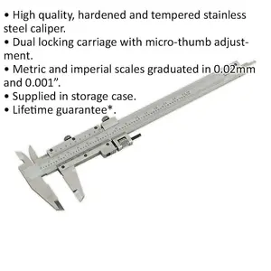 150mm Vernier Calipers - Hardened & Tempered - Dual Locking Carriage - Case