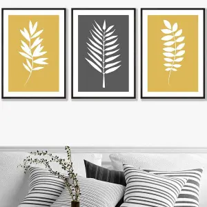 Set of 3 Yellow Grey Graphical Leaves Wall Art Prints / 50x70cm / Black Frame