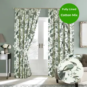 Home Curtains Kensington Fully Lined Botanical 45w x 90d" (114x229cm) Green Pencil Pleat Curtains (PAIR)