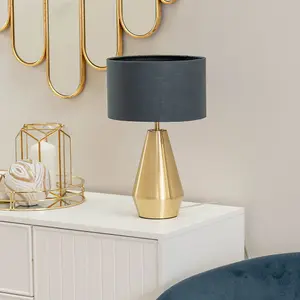 ValueLights Jax Gold Metal Touch Dimmer Table Lamp with Charcoal Grey Drum Shade