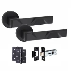 5 Pair Modern Nova Design Matt Black Premium Door Handles Round Rose 3" Ball Bearing Hinges and 2.5" Tubular Latch - Golden Grace