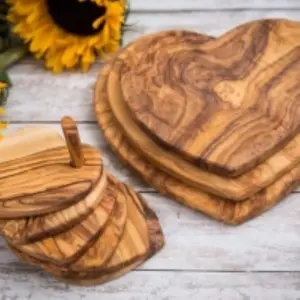 Olive Wood Natural Grained Rustic Kitchen Dining Set of 5 Heart Shaped Coasters On A Pole 10cm