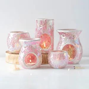 Pink Iridescent Glass Pillar Shaped Oil, Wax Melt Burner. Mirrored Crackle Effect. H14.5 cm