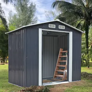 8 x 8 ft Charcoal Black Garden Metal Storage Tool Shed with Base Foundation