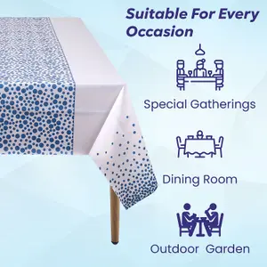 White Plastic Tablecloth, Sky Blue Polka Dot Printed Waterproof Table Cover - 54"x108"