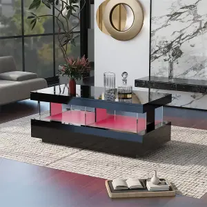 Coffee Table for Living Room, High Gloss Tea Table with 16-Color LED Lights, 2 Drawers and Open Storage Space,  Black