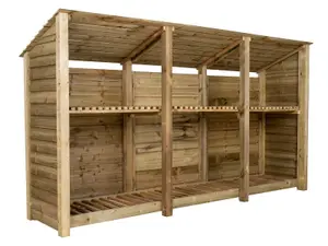 Wooden log store (roof sloping back) with kindling shelf W-335cm, H-180cm, D-88cm - natural (light green) finish