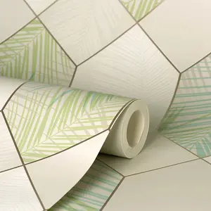 Miami Geometric Leaf Wallpaper Natural / Green Fine Decor FD42834