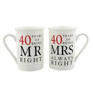 Ivory White 40th Anniversary Mr Right & Mrs Always Right Ceramic Mug Gift Set