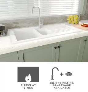 101cm 1.5 Bowl Fireclay Inset Kitchen Sink & Drainer, Classic Tap & Wastes - White