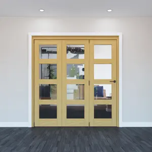 Vertical 0 panel 4 Lite Plain Clear Glazed Shaker Unfinished White oak effect Timber White oak veneer Internal Folding Door set, (H)2060mm (W)1673mm