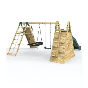 Rebo Wooden Pyramid Climbing Frame with Swings and 8.7ft Water Slide - Rainbow