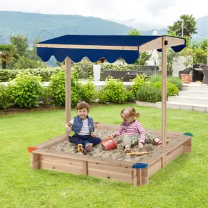 Costway Kids Wooden Sandbox Outdoor Children Play Sandpit w/ Height-adjustable Canopy