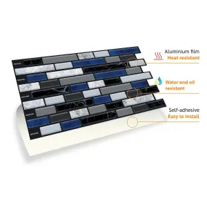 Walplus Lux Touch Grey And Blue Marble Long Mosaic Wall 2D Tile Stickers Multipack 36Pcs