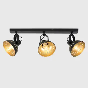 ValueLights Smedley 3 Way Black Ceiling Bar Spotlight and E27 Radio Valve LED 4W Warm White 2700K Bulbs