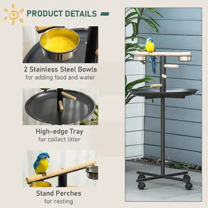 PawHut Metal Bird Table Play Stand, Bird Feeder Station with Wheels Feeding Bowl