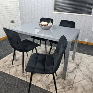 Grey Dining Table and 4 Black Velvet Chairs Kitchen Dining Set of 4 Glass Table