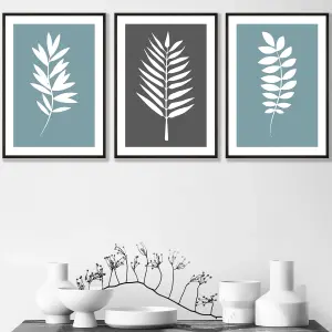 Set of 3 Blue Grey Graphical Leaves Wall Art Prints / 30x42cm (A3) / Black Frame